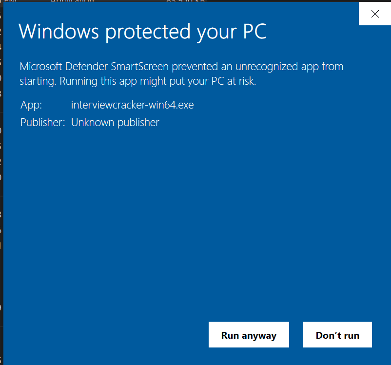 Windows security prompt - Run anyway